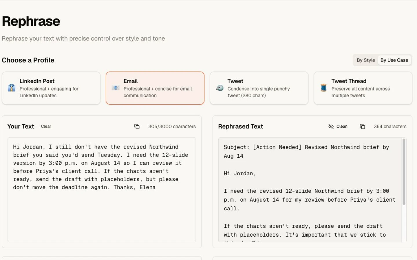 Rephrase AI showing a fictional professional email before and after rewriting