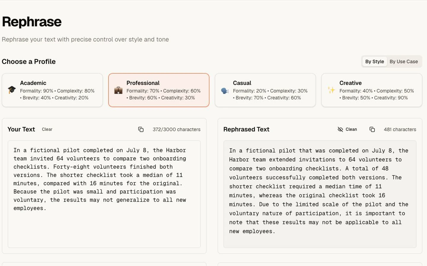 Rephrase AI showing a factual paragraph beside its meaning-preserving rewritten result