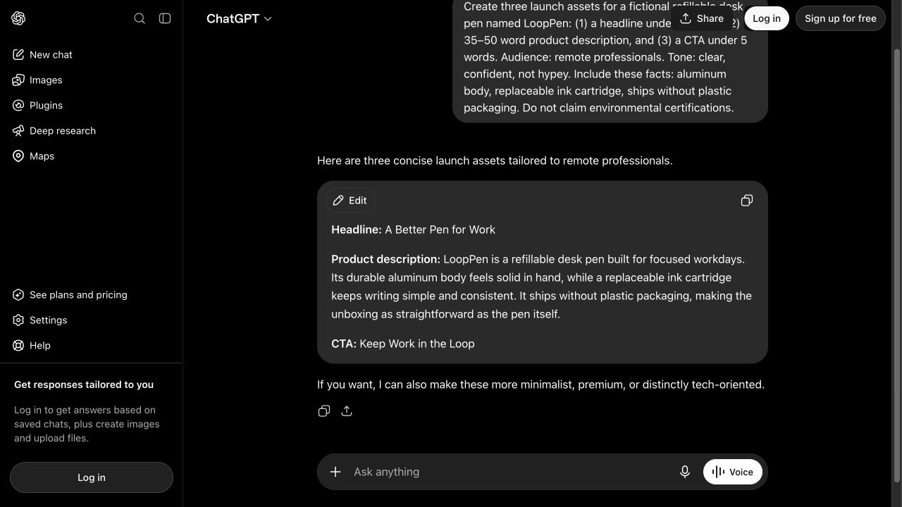 ChatGPT web interface showing a structured marketing draft with headline, description, and call to action