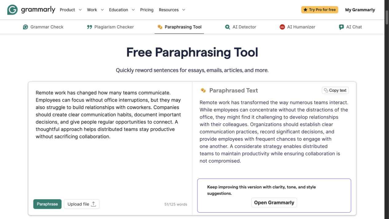 Grammarly public Paraphrasing Tool showing a remote-work paragraph and its generated paraphrase