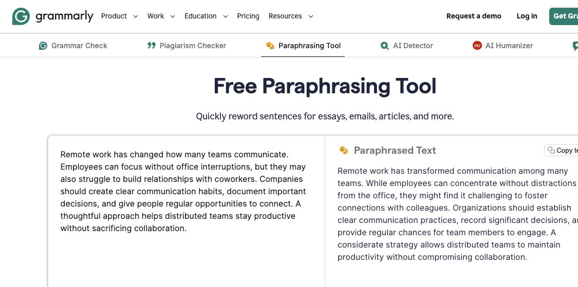 Grammarly anonymous paraphrasing-tool result for the benchmark passage