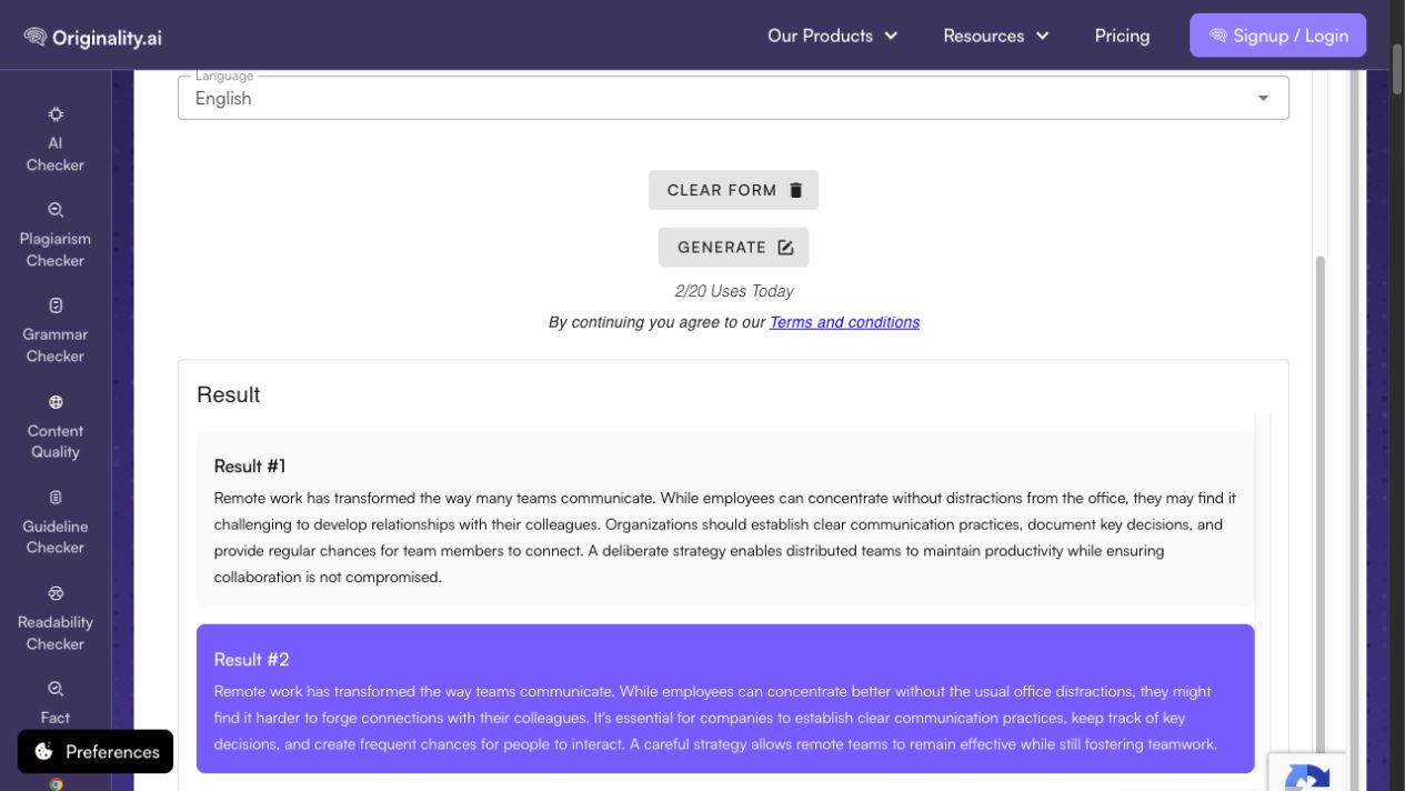 Originality.ai Casual fine-tune output for the shared remote-work sample