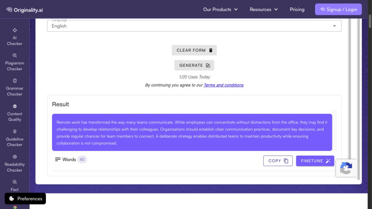 Originality.ai default paraphraser output for the shared remote-work sample