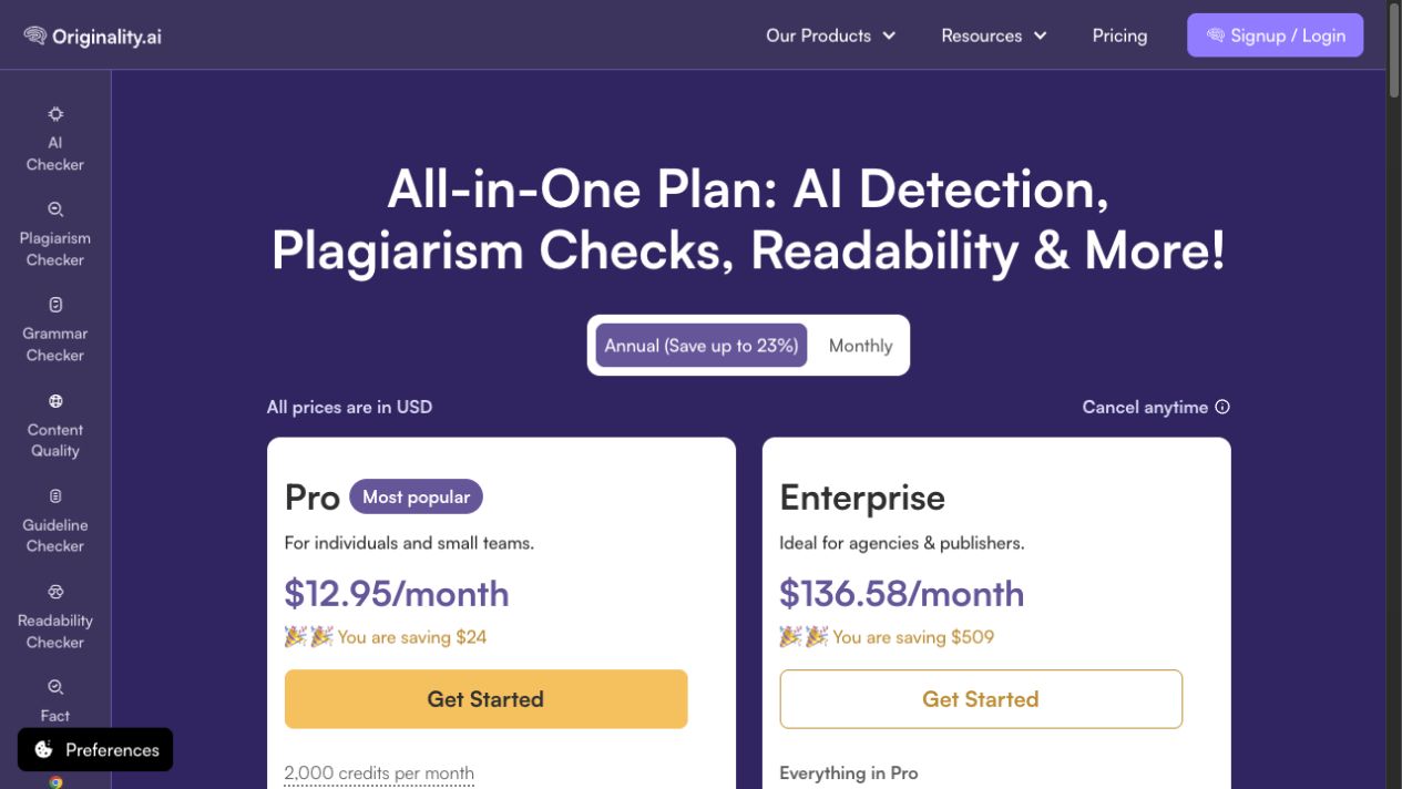 Originality.ai annual plan pricing captured on August 10, 2026