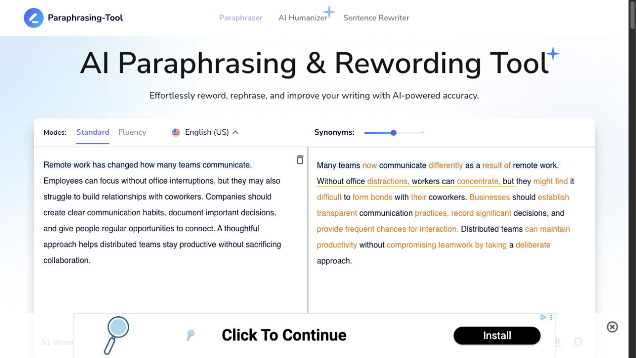 Paraphrasing-Tool.com Standard benchmark result in the anonymous public tool