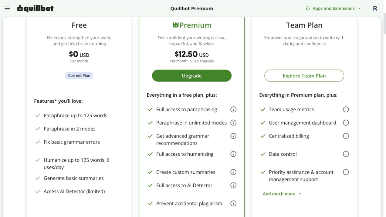 QuillBot free-plan limits showing 125 words and two modes