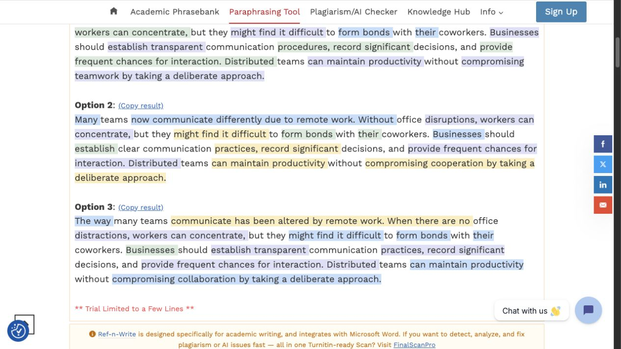 Ref-N-Write Paraphraser output showing alternatives and its trial notice