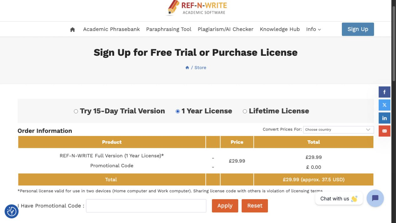 Ref-N-Write store page showing the captured one-year licence price