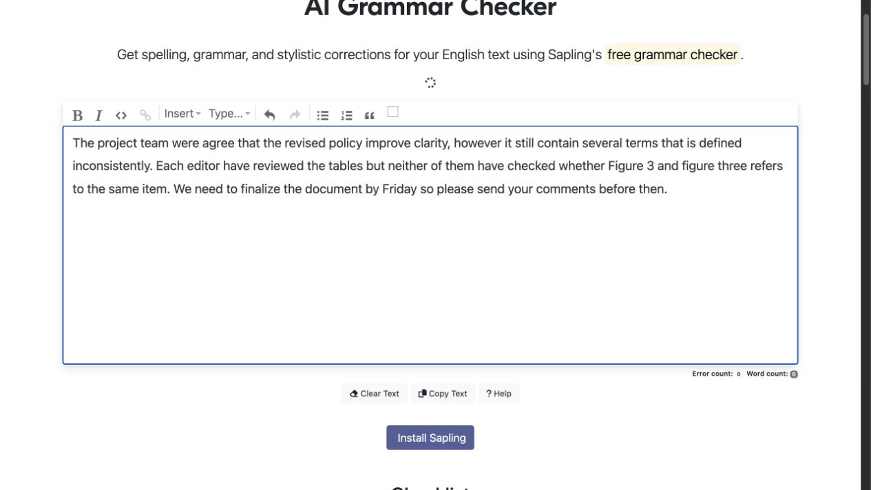 Sapling public grammar checker showing a shared editing sample