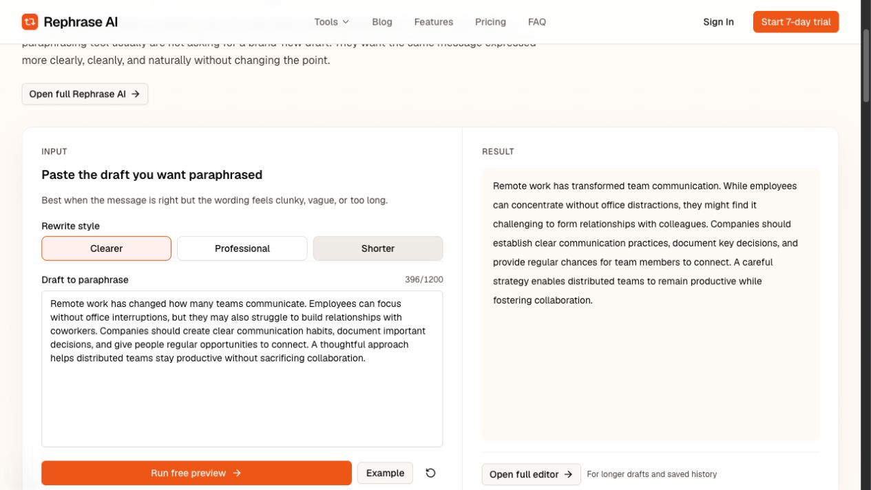 Rephrase AI Clearer benchmark showing the rewritten remote-work passage