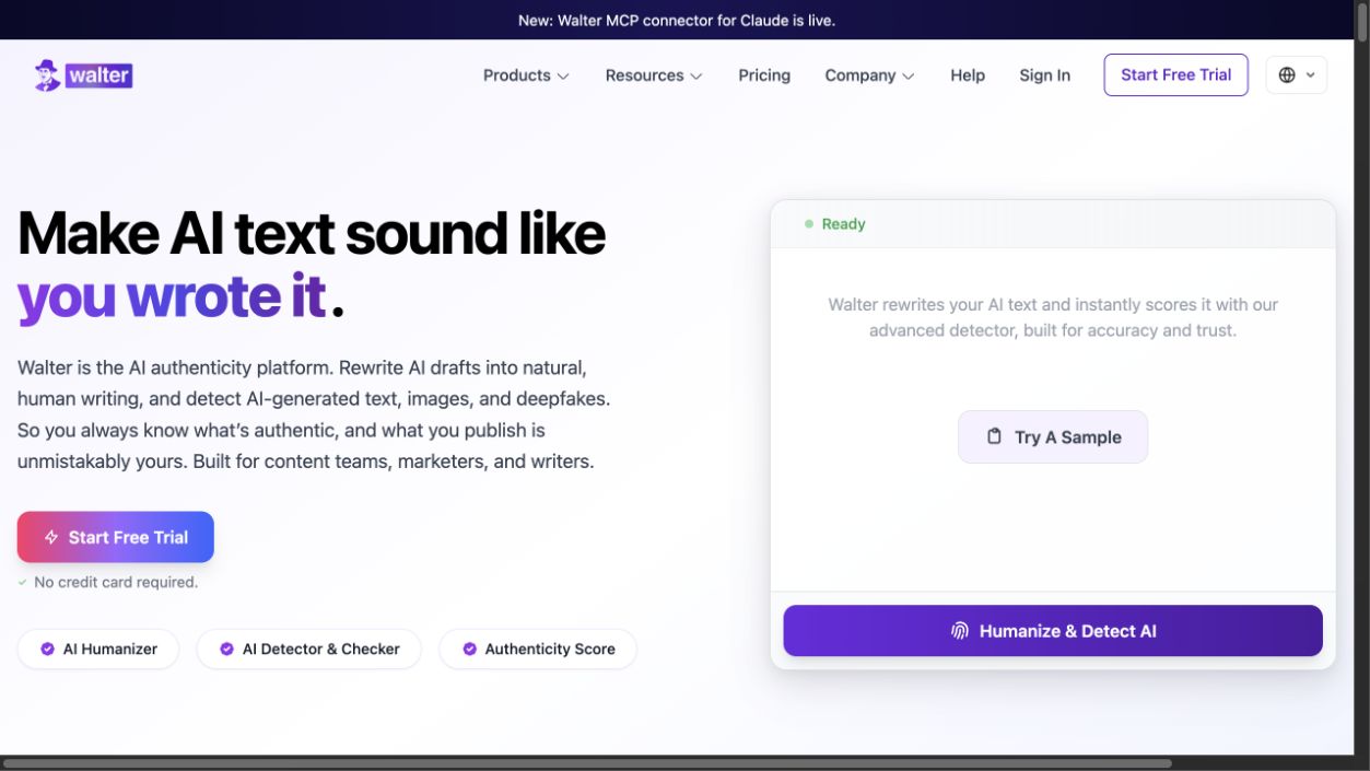 Walter Writes AI public page with sample panel, detector label, and free-trial controls