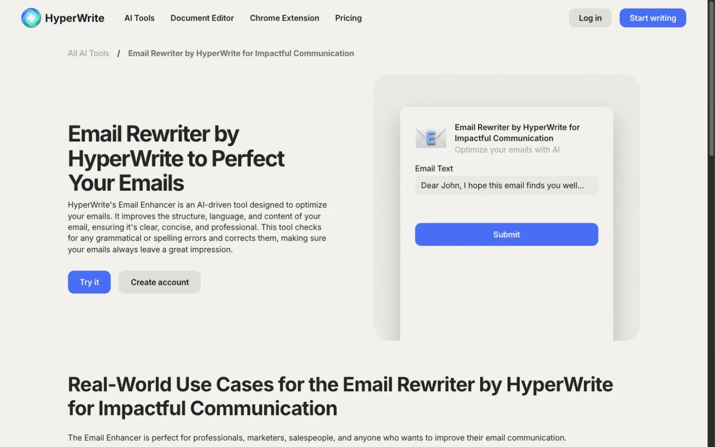 HyperWrite public Email Enhancer page with email-text example and Submit button