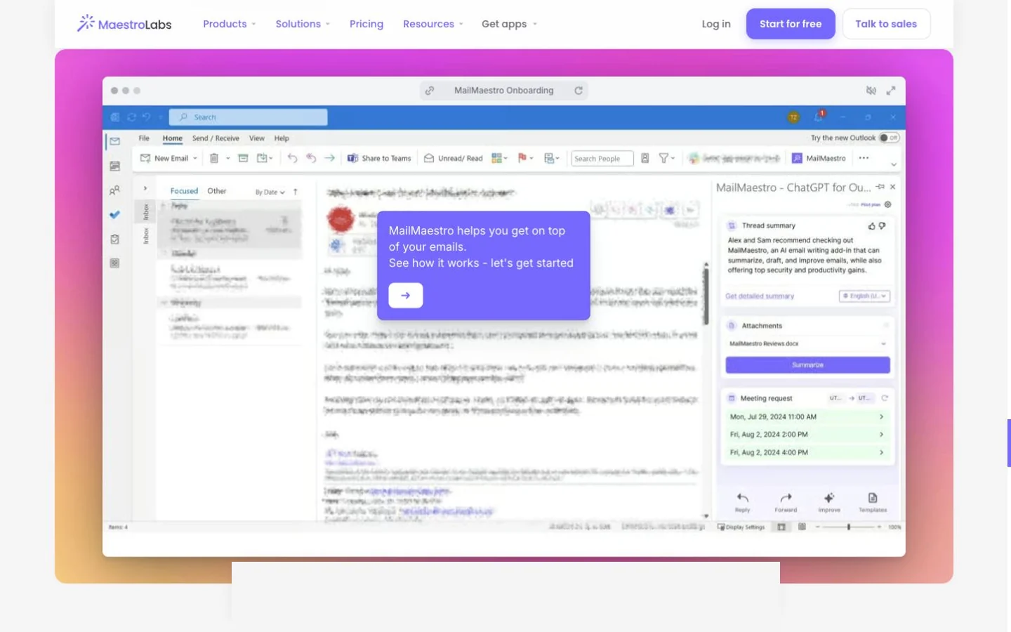 MailMaestro public AI email writer page showing an Outlook add-in demonstration