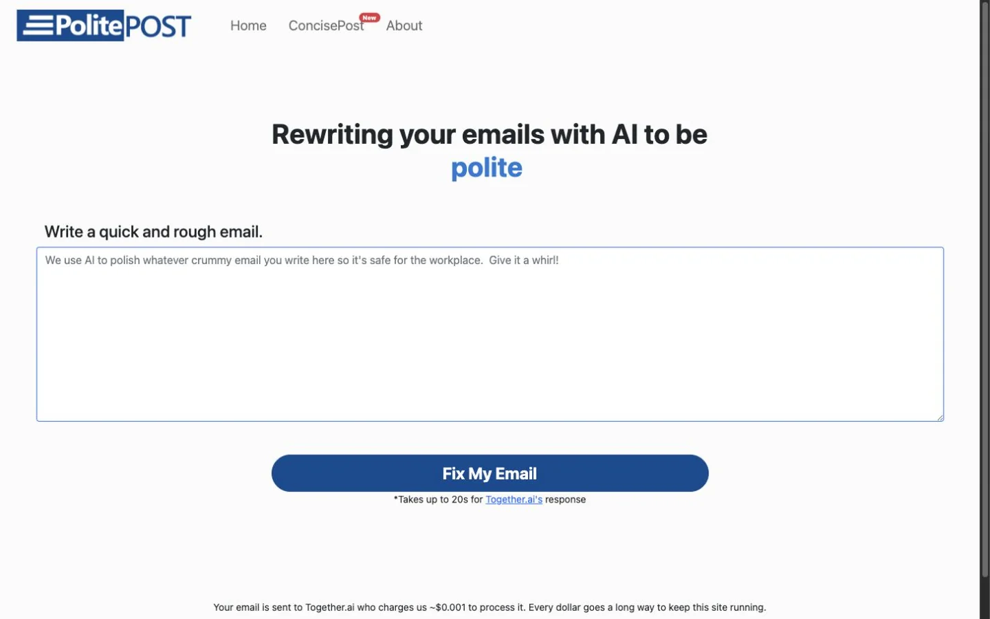 PolitePost public email rewriter with rough-email input and Fix My Email button